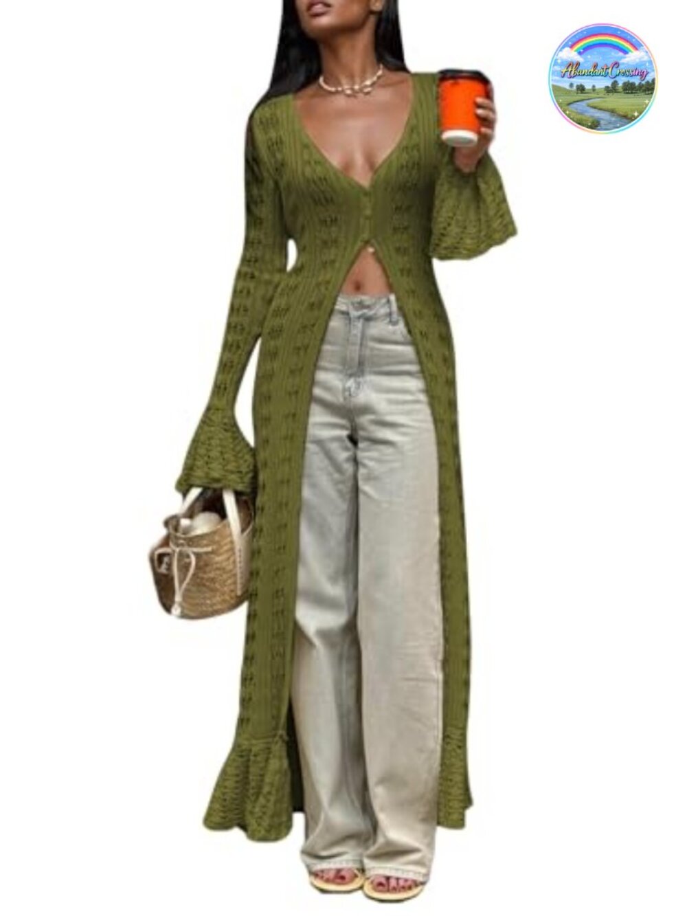 Women's Crochet Knit Maxi Cardigan Duster Cover Up Bell Sleeve Boho Button Down